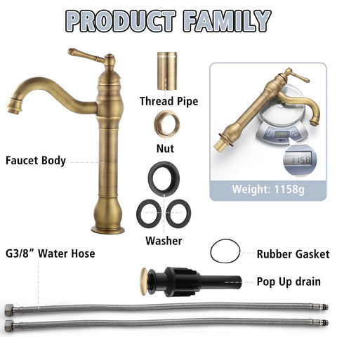 Antique Brass Vessel Sink Faucet With 360 Degree Swivel Spout Tall Brushed Brass Lavatory Vanity Mixer Single Handle Hot Cold Water No Splash Filtered Bubbler Pop Up Drain Deck Mount