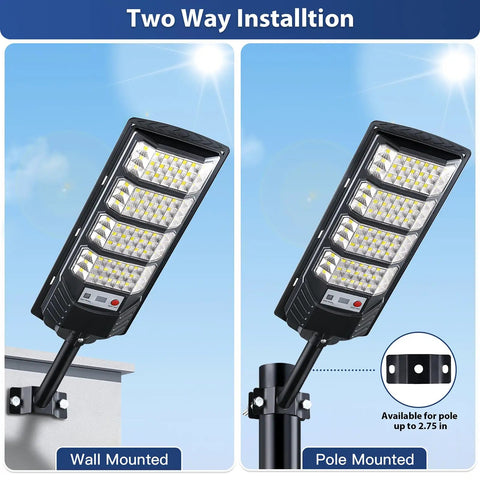 Hella Bright Solar Street Lights 2 Pack Outdoor Waterproof Design With 6500K LED Motion Sensor Dusk To Dawn Mode Wireless Remote Included 320 Degree Wide Angle Flood Beam Perfect For Patios Yards And Business Lots