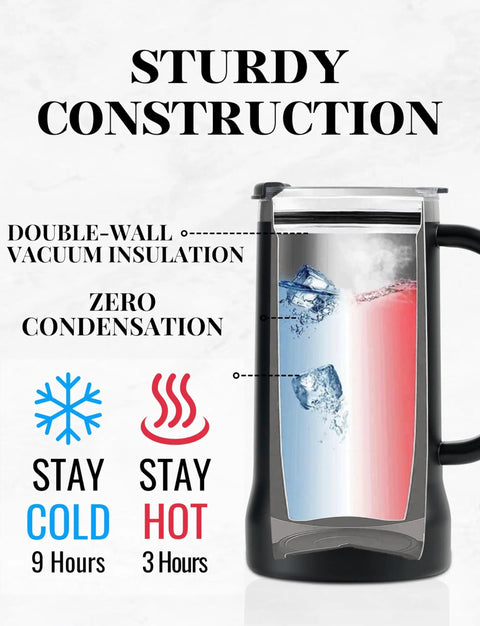 24oz Stainless Steel Beer Stein Tumbler With Lid For Engineers And Gearheads, Double Wall Vacuum Insulation diagram.