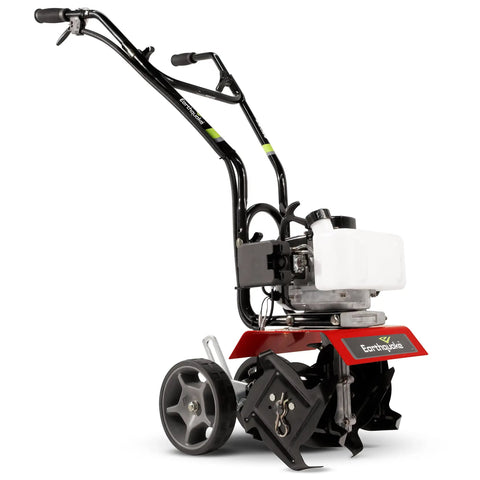 Mini Tiller Cultivator With 33cc 2 Cycle Viper Engine, Gear Drive Transmission, Red, Adjustable Wheels, Front View