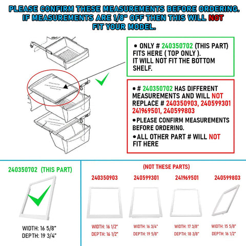 Diagram showing measurements for Upper Crisper Pan Cover Replacement For Frigidaire Refrigerators Fits 240350702 AP2115959.