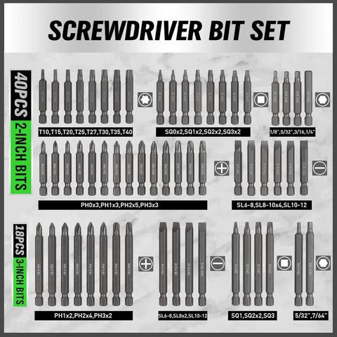 Screwdriver bit layout from 232-Piece Ultimate Screwdriver Bit Set For Impact Drivers And Wrenches With Cr-V Steel, various sizes shown