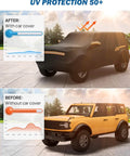 Comparison of yellow Ford Bronco with and without "Bronco 4 Door Car Cover 2021 2026 Waterproof All Weather Protection With Zipper Entry And Anti Theft Lock UV Resistant Windproof Not For Bronco Sport Tailored Fit 191 Inches Long 77 Inches Wide 75 Inches High" highlighting UV protection benefits.