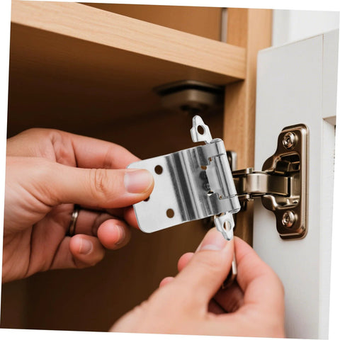 Close-up of a stainless steel self-closing inset cabinet hinge being installed on a wooden cabinet door.
