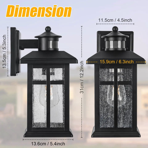 Image of Legit Heavy Duty Motion Sensor Outdoor Wall Lights 2 Pack Featuring Dusk To Dawn Smart Settings with dimensions shown.