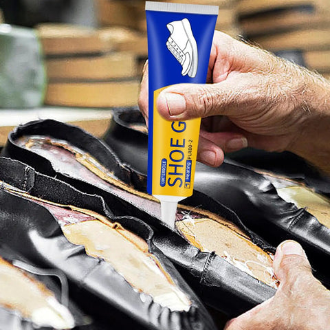 Applying Dope Shoe Glue For Sole Repair Quick Dry Waterproof Adhesive Clear 60ml 45g to a black shoe sole seam