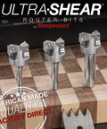 Spoilboard Surfacing Router Bit For Pros With One Inch Cutting Diameter And One Quarter Inch Shank, Three Flute Carbide Insert CNC Bit For Slab Flattening Planing Milling Replaceable Rotating Inserts Made In USA on wooden block