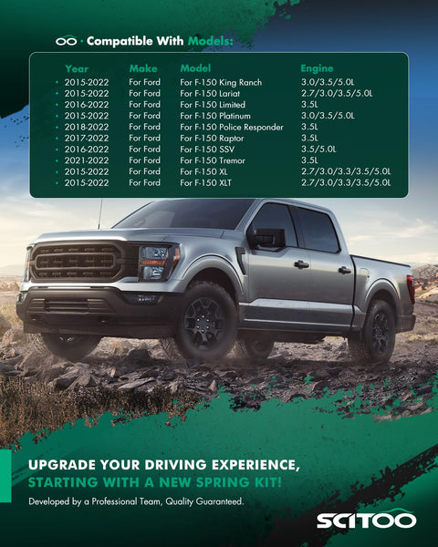 Silver Ford F-150 with Drop Lowering Shackles Adjustable Leveling Kit 1 To 2 Inch for 2015-2022 models in rocky terrain.