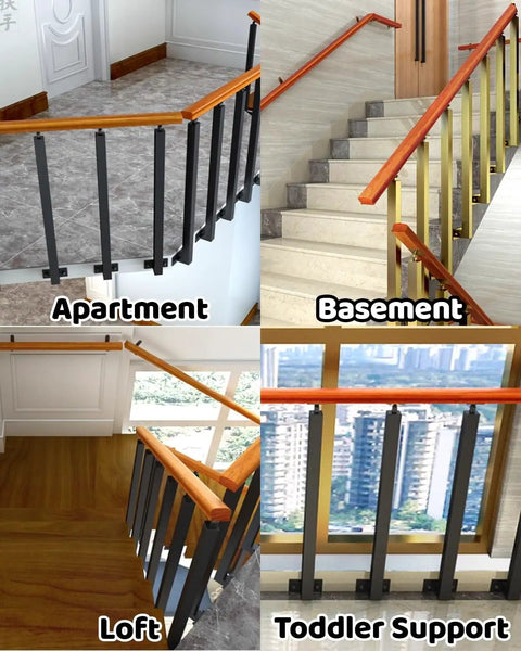 Heavy Duty Metal Staircase Balusters Side Mount Railing Kit Hella Sturdy Iron Posts With Fresh Gold Coating And Full Height Adjustments For Decks Porches Lofts And Steps Game Changing Install Includes Twenty 48 Inch Bars shown in different home settings like apartment, basement, and loft.