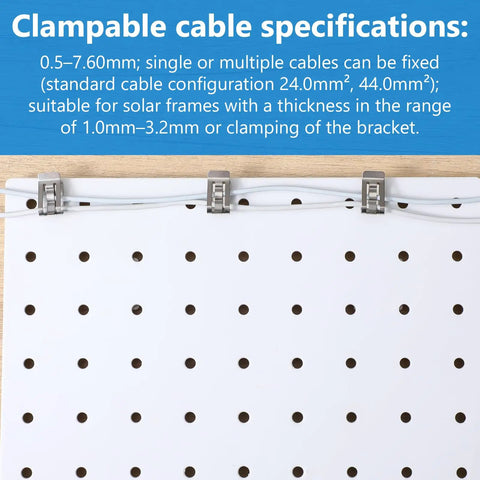 Clampable cable specifications with stainless steel clips on a white panel for organizing cables. Suitable for various installations.