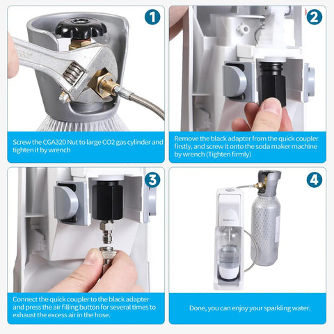 Steps to use CO2 Tank Direct Adapter With 60 Inch Stainless Steel Hose CGA320 To TR21-4 For Carbonated Water Soda Makers