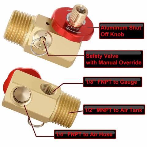Air Tank Manifold Kit With Fill Port And Safety Valve, Aluminum Construction, Relief Bypass, NPT Ports, Labels Indicated