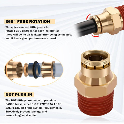 Heavy Duty Brass 3/8 Inch DOT Air Fittings Kit With 32.8 Ft Air Line Hose Quick Connect For Semi Trucks And Industrial Air Systems detail