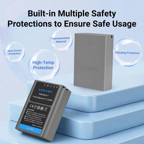 2-Pack BLN-1 Replacement Battery With Dual USB Charger for Olympus OM-D E-M1 E-M5 and Pen E-P5, safety features shown