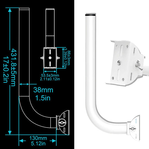 Diagram and image of Beefy Outdoor Antenna Mount Pole for wall or pole install, 1.5 inch OD, 17 inch long universal J pole bracket.