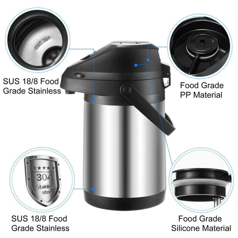 Large Capacity Thermal Airpot Coffee Carafe 101 Oz with Lever Action Pump and 3 Cups, Stainless Steel Vacuum Insulated Dispenser with material details