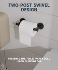 Matte Black Stainless Steel Toilet Paper Holder With Double Post Pivoting Roll mounted on a bathroom wall