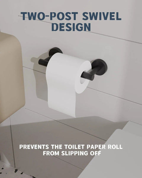 Matte Black Stainless Steel Toilet Paper Holder With Double Post Pivoting Roll mounted on a bathroom wall