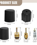 Seven Piece Car AC Valve Core Kit With Caps And Anti Leak Cores for most cars shown with size measurements.