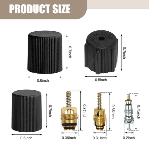 Seven Piece Car AC Valve Core Kit With Caps And Anti Leak Cores for most cars shown with size measurements.