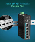 All-In-One Industrial PoE Switch With 6 Ports, 4 Gigabit PoE Plus Ports, 1 Gig Uplink, 1 SFP Port, mounted on DIN rail