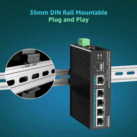 All-In-One Industrial PoE Switch With 6 Ports, 4 Gigabit PoE Plus Ports, 1 Gig Uplink, 1 SFP Port, mounted on DIN rail