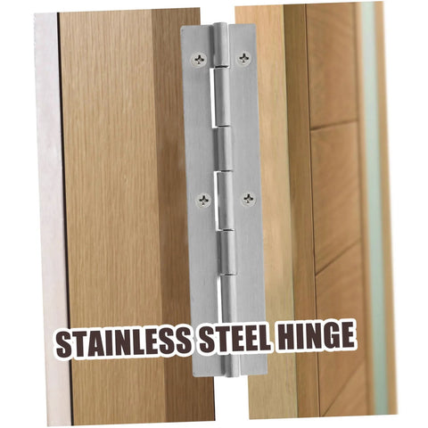 Stainless steel continuous piano hinge installed on a wooden cabinet door.