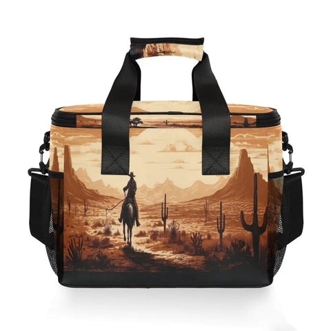 Cowboy Western Desert Insulated Lunch Bag with adjustable shoulder strap, desert scene design, reusable cooler tote, 15L capacity