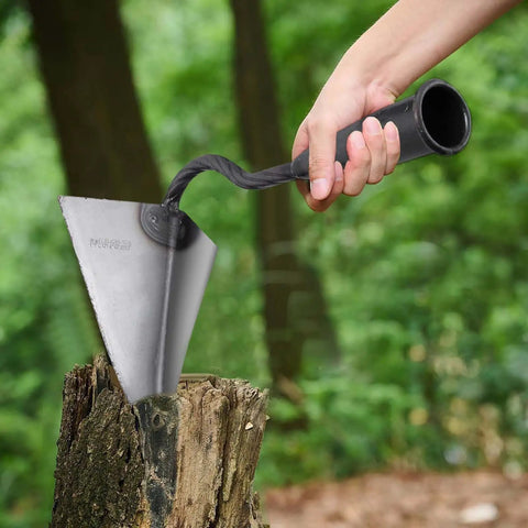 Triangle Hoe Digger Garden Tool Set For Weeding, Planting, And Ditch Digging, Heavy Duty Shovel With Iron Head shown on tree stump
