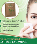 Front view of NOVEHA Tea Tree Eye Wipes sachet, extra-large 4.7 x 5.5 in, individually wrapped sterile eye wipes