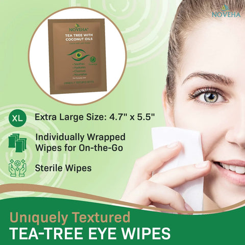 Front view of NOVEHA Tea Tree Eye Wipes sachet, extra-large 4.7 x 5.5 in, individually wrapped sterile eye wipes