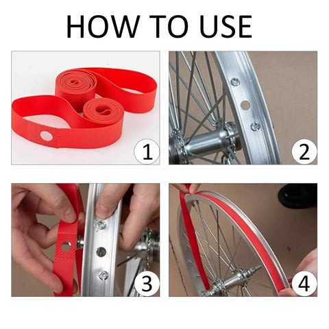 2 Pack 26 Inch Red Bicycle Rim Strip Tape With Nylon Inner Tube Protection shown in use on bike wheel