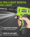 12V Cordless Drill Set With Battery And Charger, LED Work Light, ergonomic design, green, 3/8 Inch Keyless Chuck shown from side