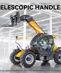 Heavy Duty Four Wheel Drive Telescopic Handler Forklift With Smart Cooling And Butter Smooth Transmission For Tough Industrial Jobs Auto Leveling Electro Hydraulic Telehandler Machine in a spacious warehouse.