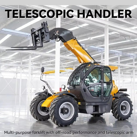 Heavy Duty Four Wheel Drive Telescopic Handler Forklift With Smart Cooling And Butter Smooth Transmission For Tough Industrial Jobs Auto Leveling Electro Hydraulic Telehandler Machine in a spacious warehouse.