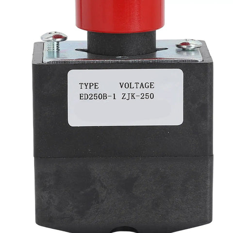 Heavy Duty Emergency Stop Button DC 80V Latching Switch IP65 Rated for Forklifts, front view showing label details.
