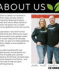 Couple posing in front of CZ Grain's 'About Us' sign inside their farm office.