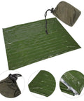 Emergency Blanket Set With Green Aluminum Thermal Rescue Blanket And A Carry Bag; shown unfolded and with focus on texture details.