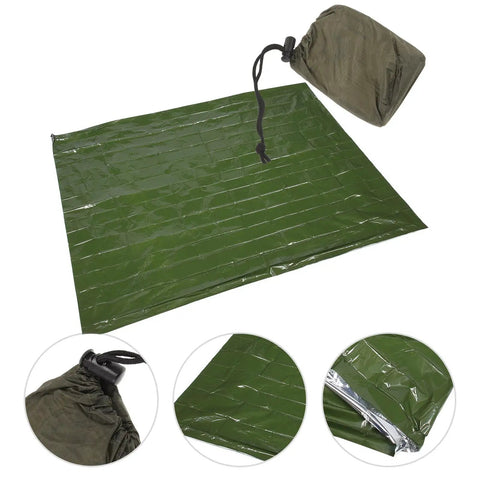 Emergency Blanket Set With Green Aluminum Thermal Rescue Blanket And A Carry Bag; shown unfolded and with focus on texture details.