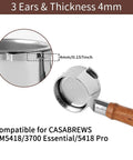 Front view: 51mm bottomless portafilter with 3 ears, 4mm thick, stainless steel, wooden handle; CASABREWS CM5418/3700