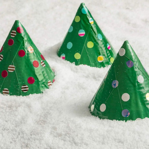 Green Heavy Duty Duct Tape Roll, single roll, used to make cone-shaped crafts with colorful dots in snow background.