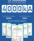 CE certification image with 4000kA short-circuit breaking capacity and certificates for Rugged Outdoor Solar Panel Disconnect Switch 30A 2-Pole DC Circuit Breaker Non-Polarized 12V-400V IP65 Waterproof AC Disconnect Box With Battery Cutoff Isolator Transparent Cover For Easy Status Check.