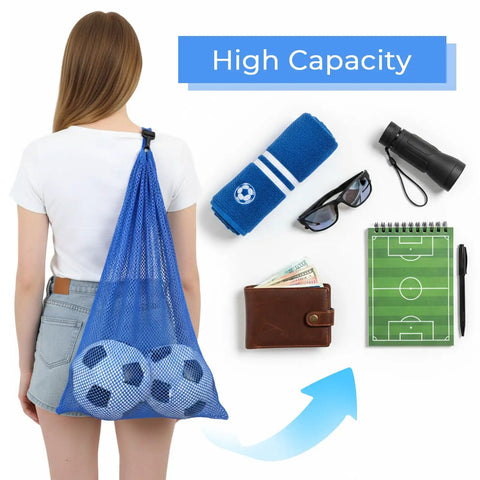 Woman carrying blue Two Pack Oversized Mesh Swim Bags With Drawstring Net For Snorkel Gear 19 By 27 Inches Beach And Sports Equipment Organizer.