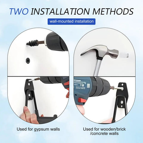 Image showing two installation methods for Heavy Duty Double J Hook EV Wall Mount Solid Steel Electric Cable Organizer for garage storage.