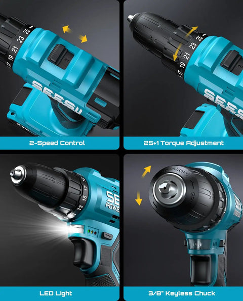 Close-up of features on 21V Cordless Drill Tool Kit With 190 Piece Power Tool Set Pro Grade Includes Hammer Pliers Wrenches And Toolbox Electric Drill Driver For Home DIY Heavy Duty Projects Furniture Assembly And General Handyman Tasks