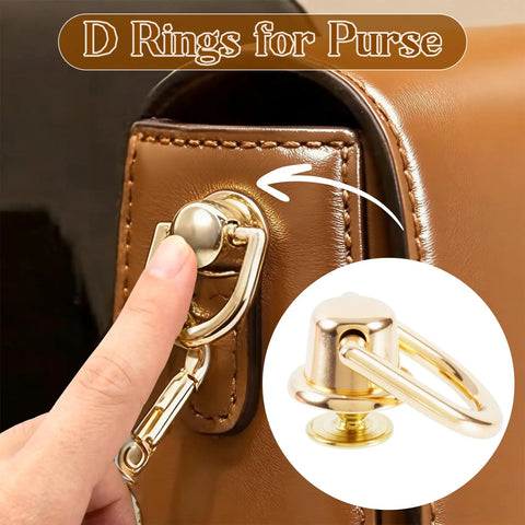 Premium Heavy Duty D Rings And Screws For Purses shiny gold D ring attached to purse, finger pressing the rotatable lock mechanism.