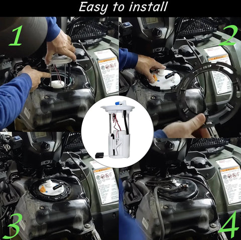 Installation of Honda Fuel Pump Assembly 16700 HR3 A21 For TRX420 TRX500 TRX520 showing step-by-step process on ATV.