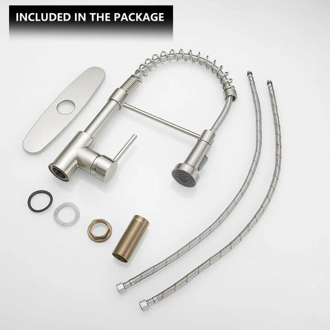 Built Tight Single Handle Pull Down Kitchen Faucet With Brushed Nickel Stainless Steel Finish And Broad Deck Plate package components.