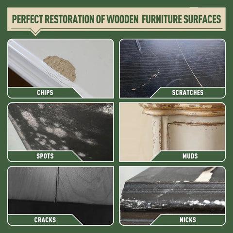 Examples of wood damage: chips, scratches, spots, muds, cracks, nicks, highlighting need for Wood Touch Up Paint Pen With Built In Precision Brush Quick Dry 1.5 Oz For Scratches And Chips On Furniture Cabinets Doors Tables Dressers Ivory White Color No Fuss Repair For Home Woodwork.