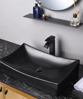 Sleek Porcelain Vessel Sink 26x15 Inches Above Counter Rectangle With Pop Up Drain Set shown on black counter